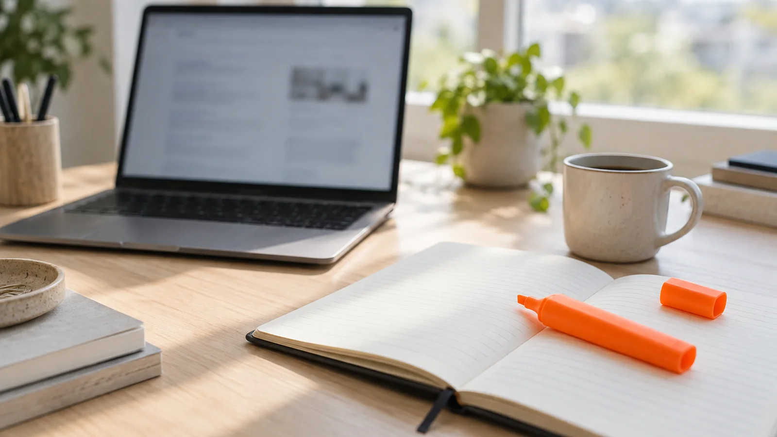 Escritorio junto a una ventana con una laptop mostrando resultados de búsqueda desenfocados, una libreta abierta en blanco con un resaltador naranja destapado encima y una taza de café