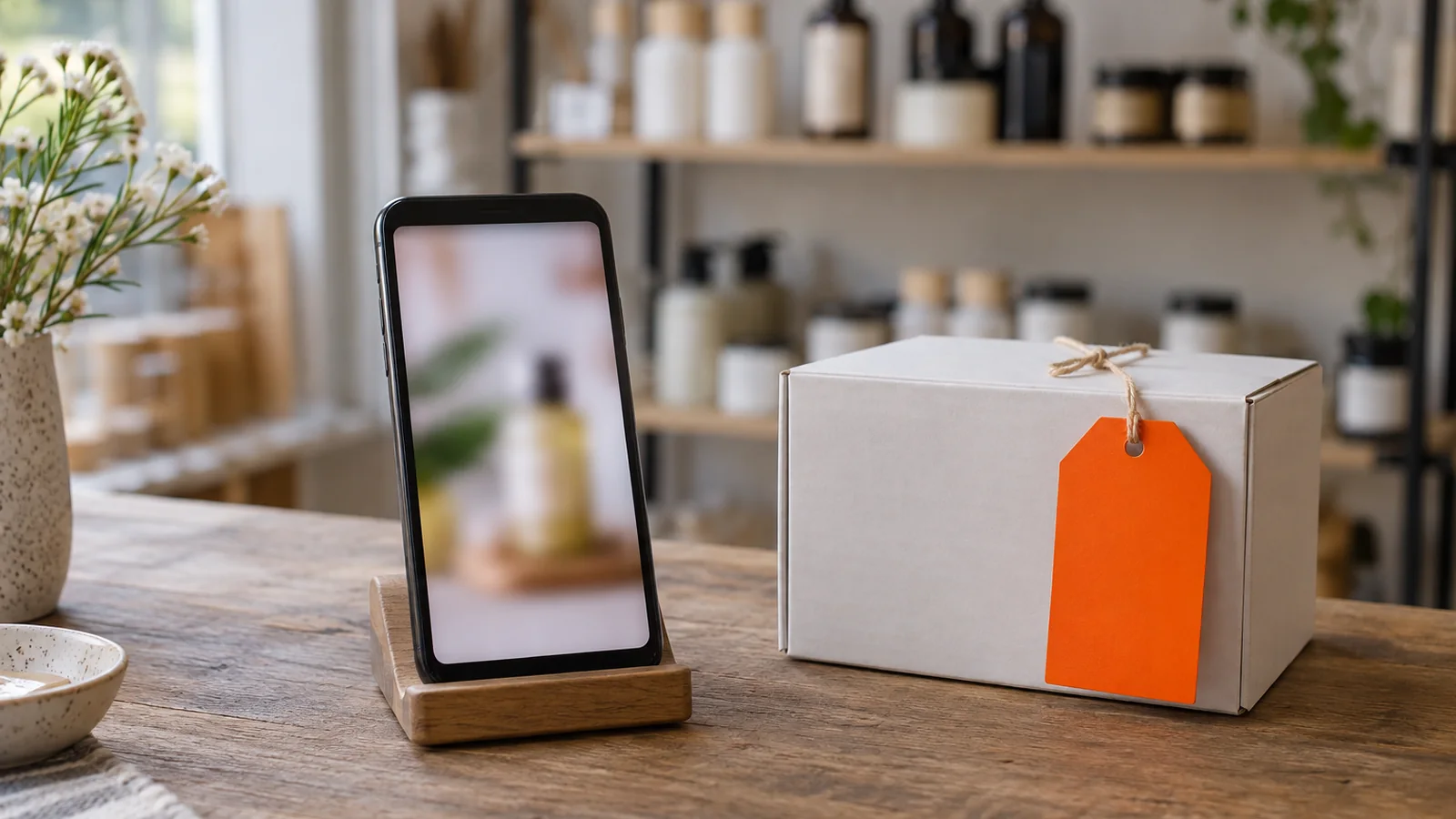 Mostrador de madera de una tienda de cuidado personal con un teléfono en soporte mostrando un anuncio desenfocado, una caja blanca sin marca con etiqueta colgante naranja y estantes con frascos desenfocados al fondo