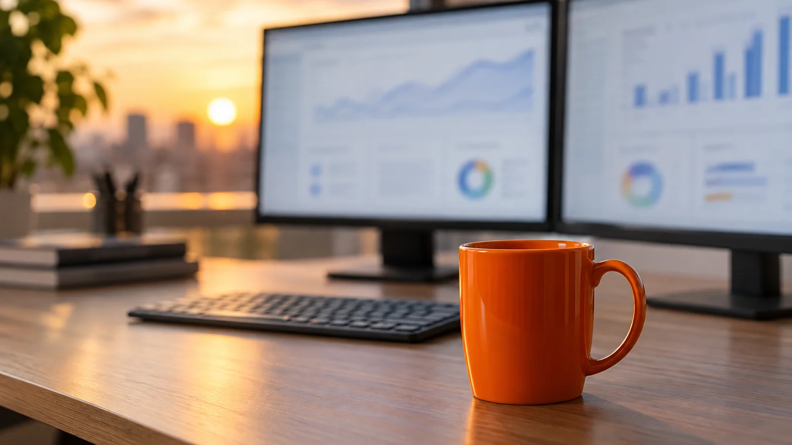 Escritorio de trabajo al atardecer con dos monitores mostrando paneles de anuncios desenfocados, un teclado y una taza de cerámica naranja en primer plano, y una ventana con luz dorada al fondo