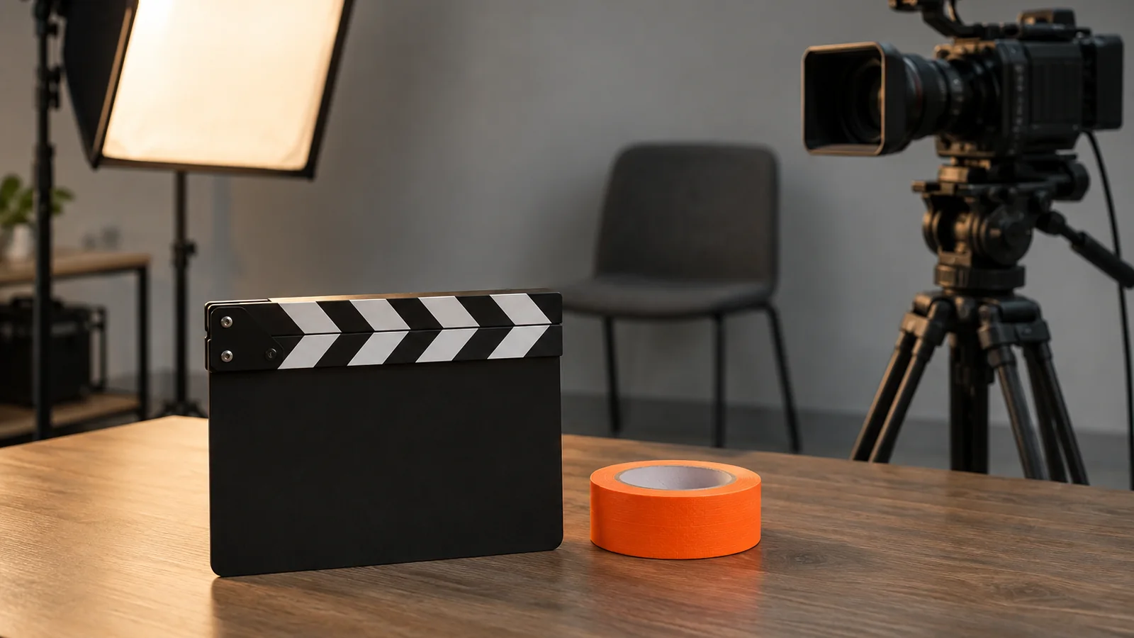 Set de grabación con una claqueta negra y un rollo de cinta naranja sobre una mesa de madera, una cámara de video en trípode y un softbox encendido al fondo, junto a una silla vacía
