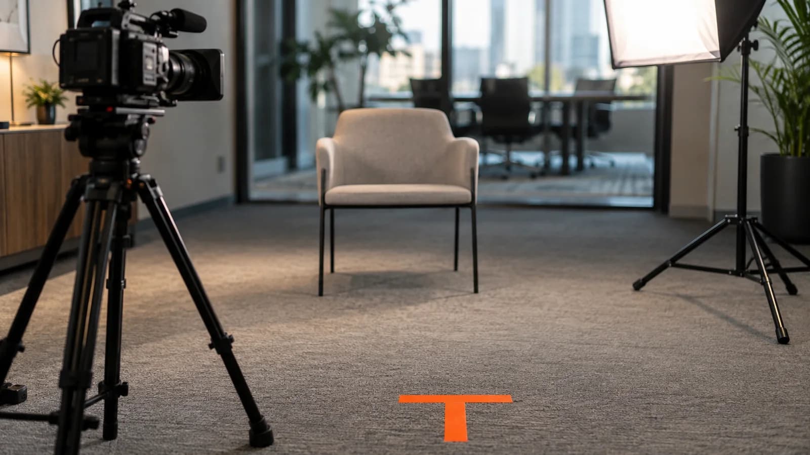 Sala de reuniones preparada para filmar: cámara de cine en trípode, softbox encendido, silla vacía frente a un fondo de oficina y una marca de cinta naranja en forma de T en la alfombra
