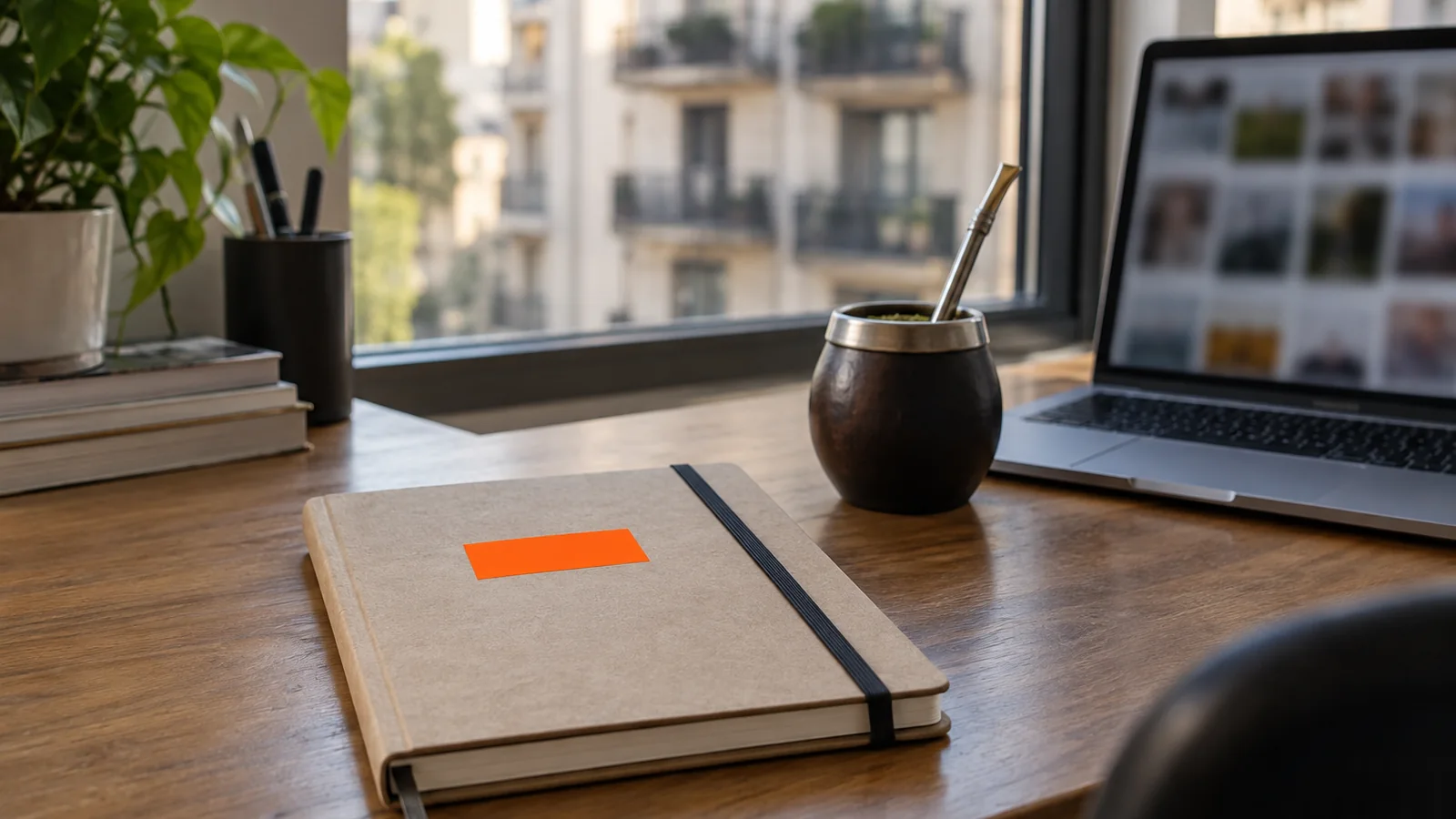 Escritorio junto a una ventana con edificios de balcones de Buenos Aires al fondo, una laptop con una cuadrícula de publicaciones desenfocada, un mate con bombilla y un cuaderno con una etiqueta naranja