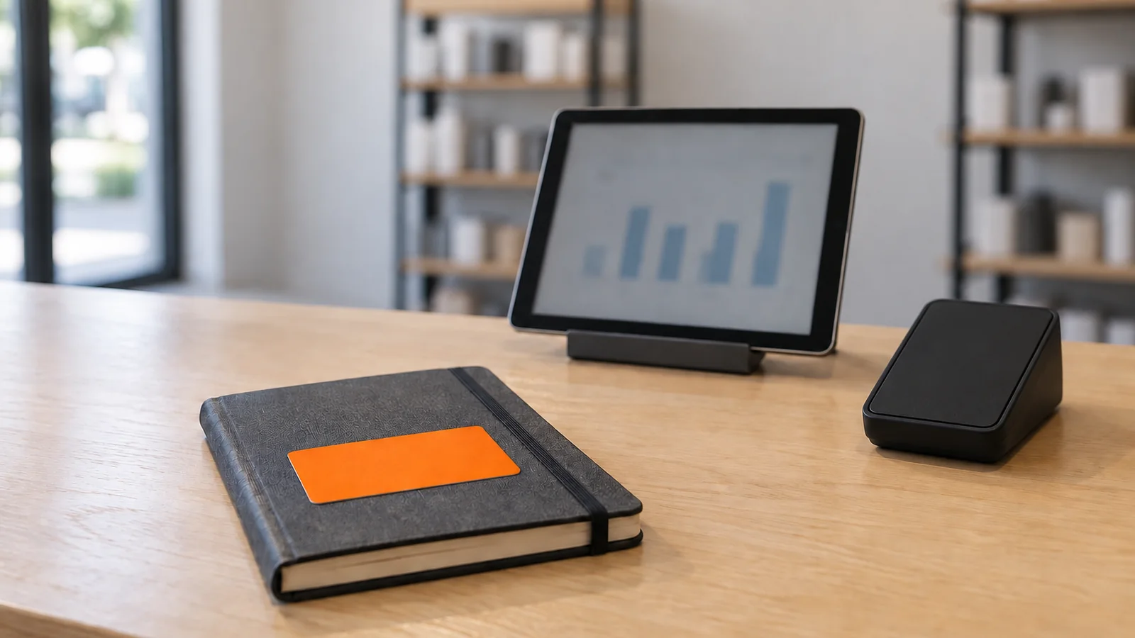 Mostrador de madera de una tienda pequeña con una libreta de tapa gris y etiqueta naranja, una tablet en soporte con un gráfico de barras desenfocado y un lector de tarjetas negro, con estantes de productos desenfocados al fondo