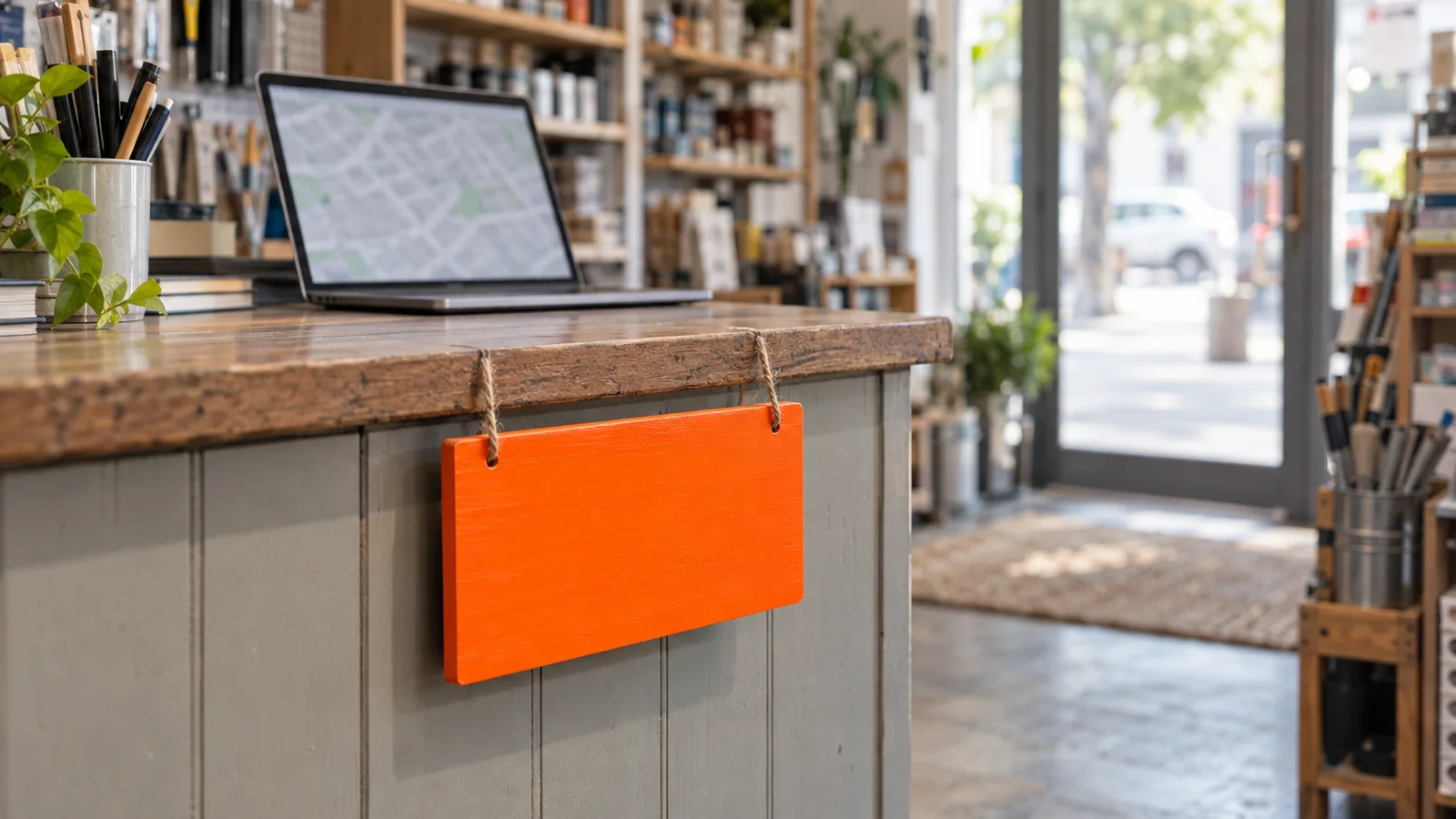 Mostrador de una tienda de barrio con una laptop mostrando un mapa desenfocado, un letrero de madera naranja colgado al frente, estantes con productos y la puerta de vidrio del local al fondo