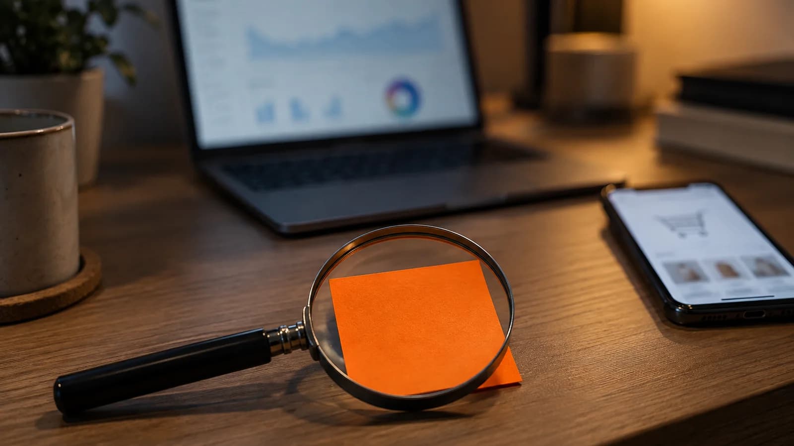 Escritorio de noche con una laptop mostrando un panel de anuncios desenfocado, un teléfono con una tienda online desenfocada al lado y una lupa apoyada sobre una nota adhesiva naranja