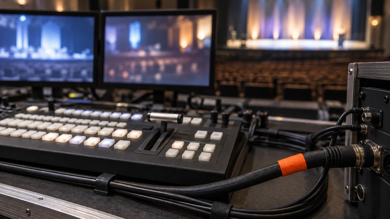 Mesa de control de una transmisión en vivo en un auditorio: switcher de video, dos monitores con la señal del escenario, cables ordenados con cinta de marca naranja y el escenario iluminado al fondo