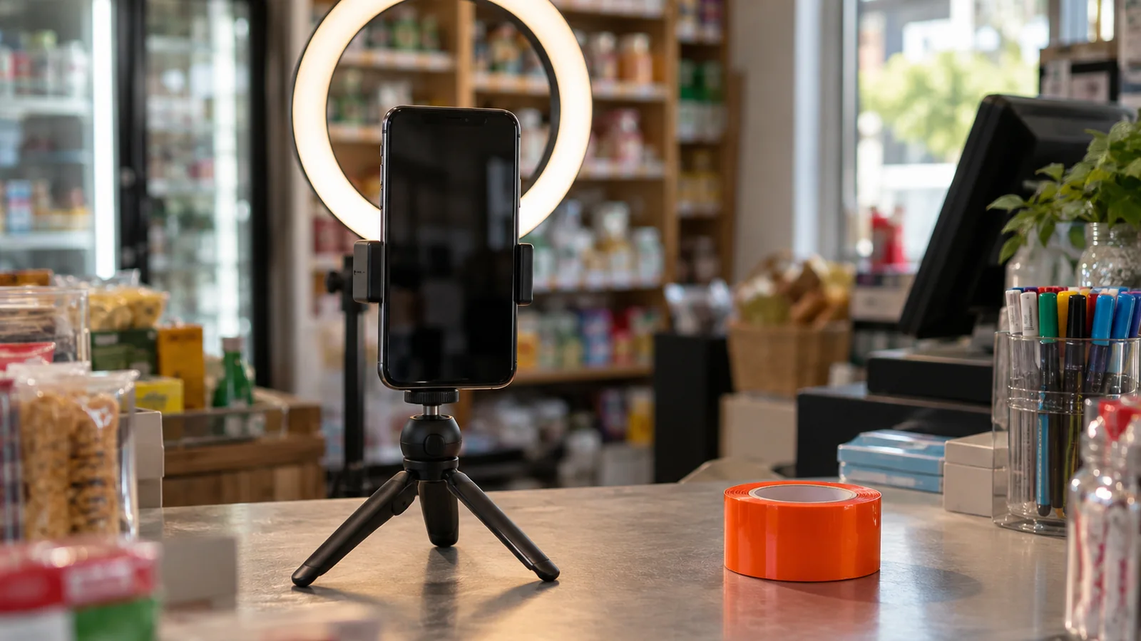 Mostrador de una tienda de barrio con un teléfono en modo vertical sobre un trípode pequeño, un aro de luz encendido al frente, estantes con productos desenfocados detrás y un rollo de cinta adhesiva naranja sobre el mostrador
