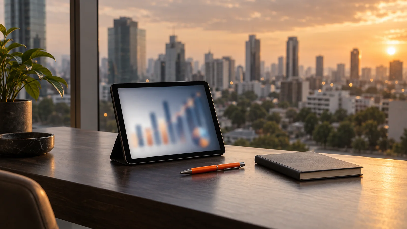 Tablet con gráficos de marketing desenfocados apoyada en una mesa junto a un ventanal, con el atardecer sobre el skyline de edificios de Lima de fondo, un bolígrafo naranja y una libreta al costado