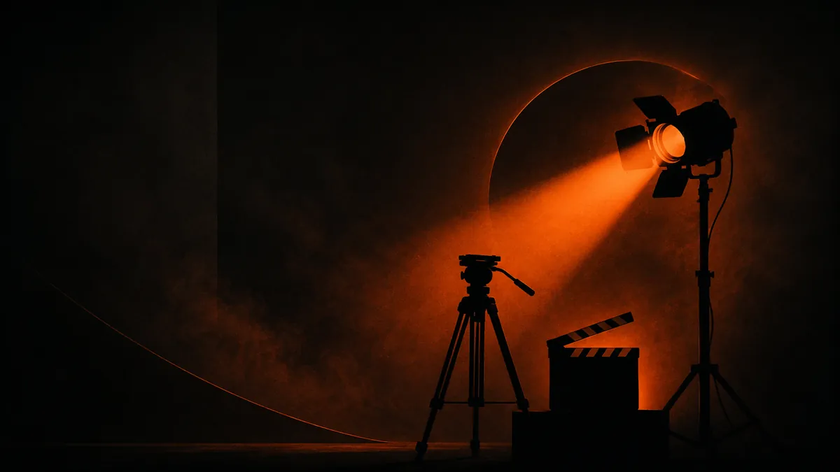 Set de rodaje a contraluz con trípode, foco fresnel y claqueta: producción audiovisual para marcas en Ecuador