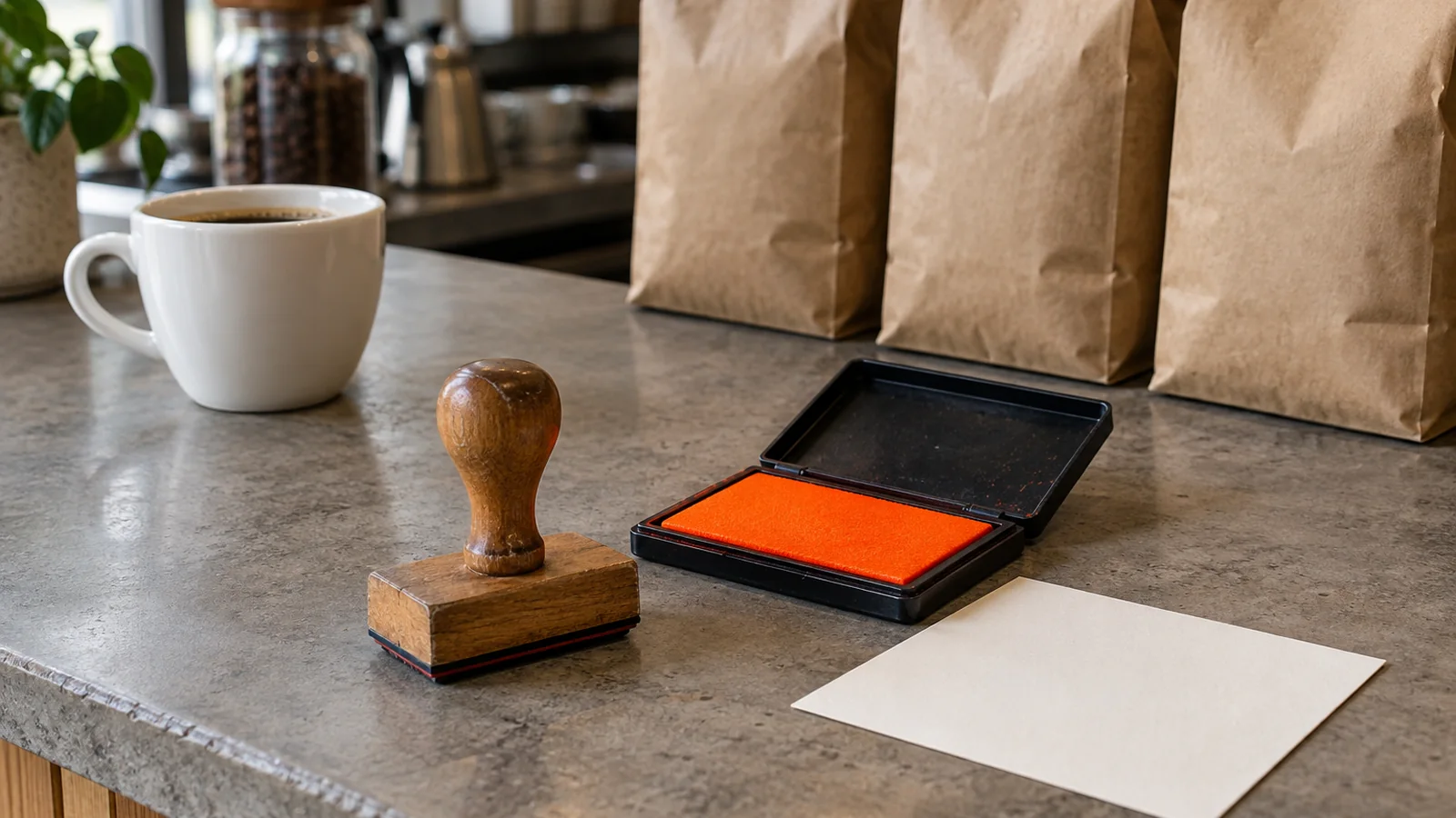 Mostrador de un café de especialidad con bolsas de café de kraft sin marca, una taza blanca, un sello de goma de madera, una almohadilla de tinta naranja y una tarjeta en blanco