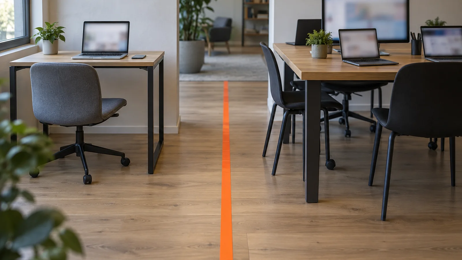 Un puesto de trabajo individual a la izquierda y una mesa compartida con varias laptops a la derecha, separados por una línea de cinta naranja en el piso de madera de una oficina