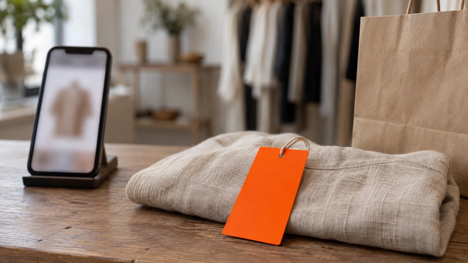 Mesa de una boutique con un teléfono en un soporte que muestra una publicación de producto desenfocada, una prenda de lino beige doblada con una etiqueta colgante naranja y una bolsa de papel al lado