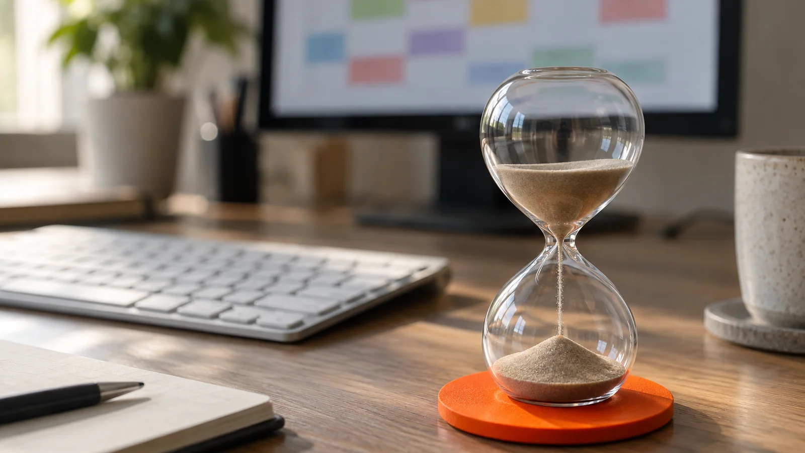 Escritorio de trabajo con un monitor de fondo desenfocado que muestra un calendario de publicaciones, un teclado en primer plano y un reloj de arena sobre un posavasos naranja