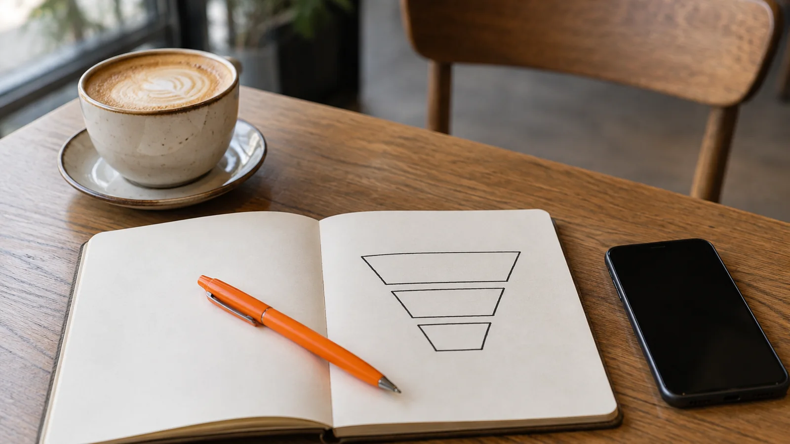 Libreta abierta sobre una mesa de madera con un embudo de tres niveles dibujado a lápiz, un bolígrafo naranja, una taza de café y un teléfono al lado
