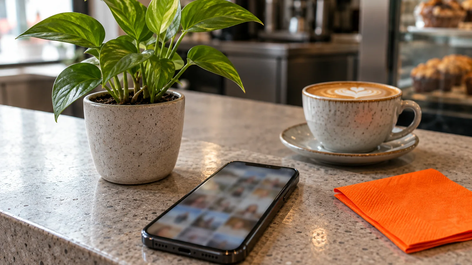 Barra de una cafetería con un teléfono en un soporte que muestra una cuadrícula de fotos desenfocada, una planta pequeña en maceta, una taza de café con arte latte y una servilleta naranja doblada al lado
