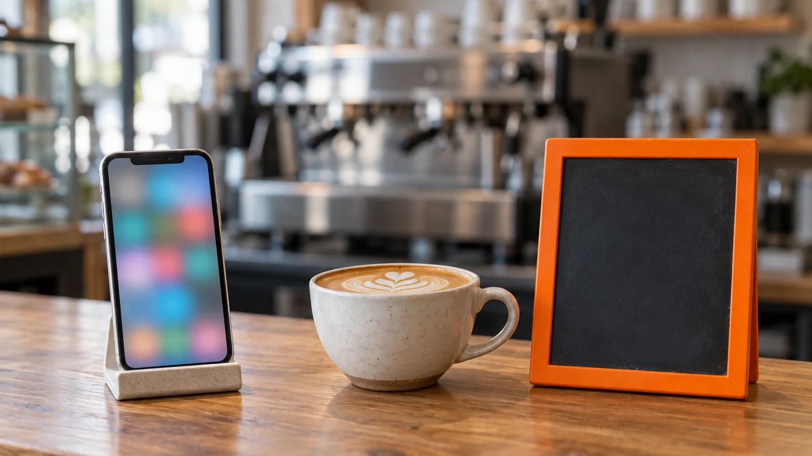 Barra de madera de una cafetería con un teléfono en un soporte que muestra una cuadrícula de fotos desenfocada, una taza de café con leche y una pizarra de mesa en blanco con marco naranja, y una máquina de espresso desenfocada al fondo