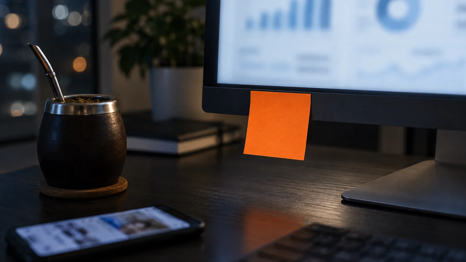 Escritorio de noche con un monitor que muestra el administrador de anuncios de Meta desenfocado, un mate con bombilla al lado del teclado, un teléfono con una publicación desenfocada y una nota adhesiva naranja pegada al borde de la pantalla