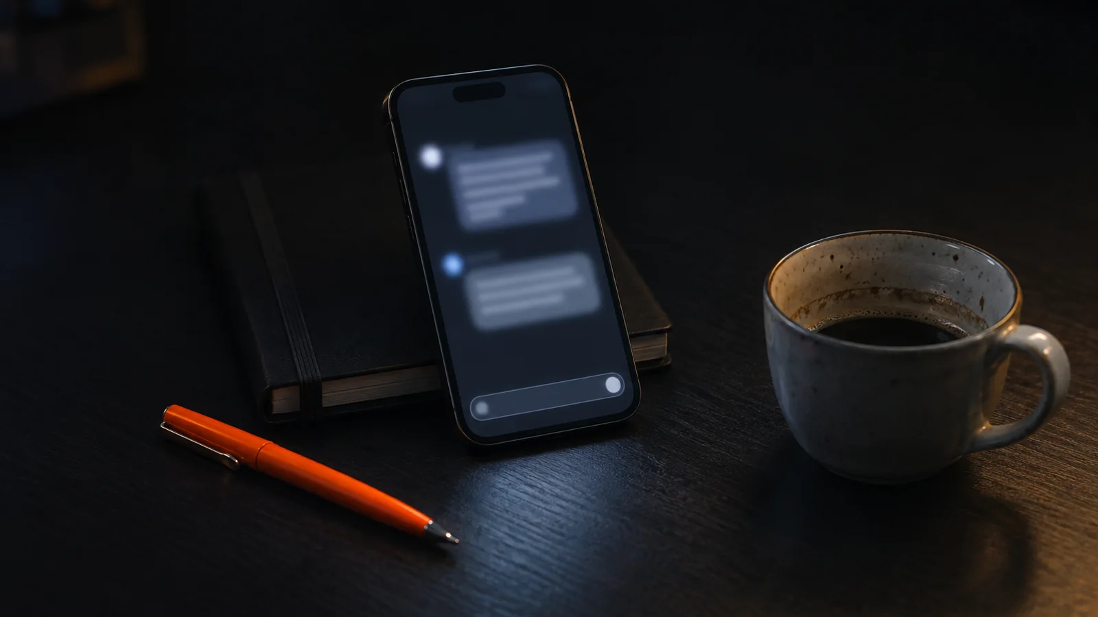 Teléfono con una conversación de asistente de IA apoyado en una libreta, junto a un bolígrafo naranja y una taza de café