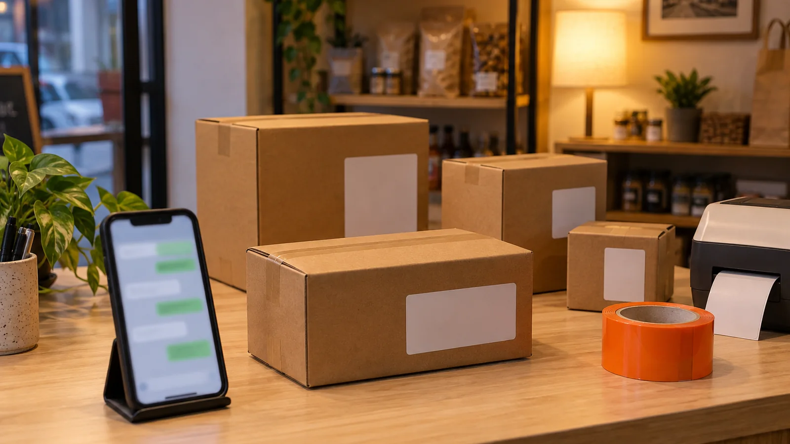 Mostrador de una tienda con cajas de envío, cinta de embalaje naranja y un teléfono mostrando un chat de pedidos