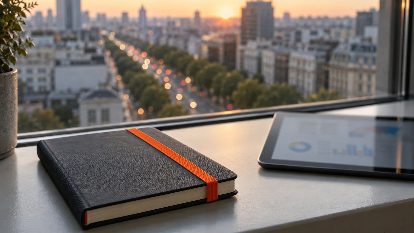 Vista desde una oficina en altura al atardecer sobre una avenida ancha de Buenos Aires con edificios y árboles, con una libreta negra de banda elástica naranja y una tablet con gráficos desenfocados en el alféizar