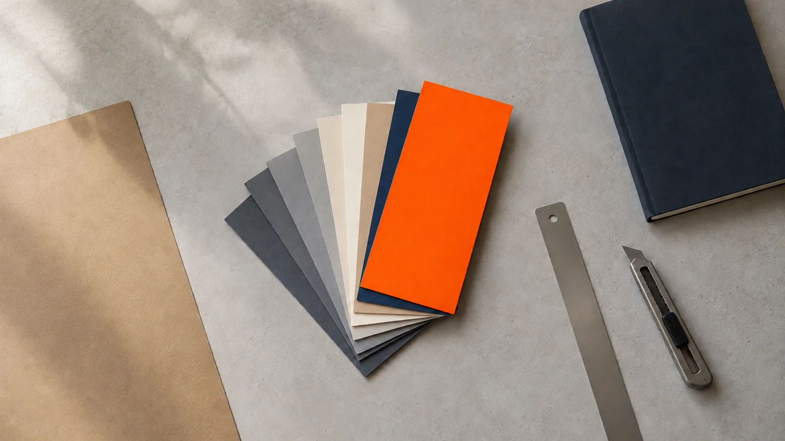 Vista cenital de un abanico de muestras de color en papel -grises, beige y azul marino- con una muestra naranja destacada, junto a una regla metálica, un cúter, papel kraft y un cuaderno cerrado sobre una mesa clara
