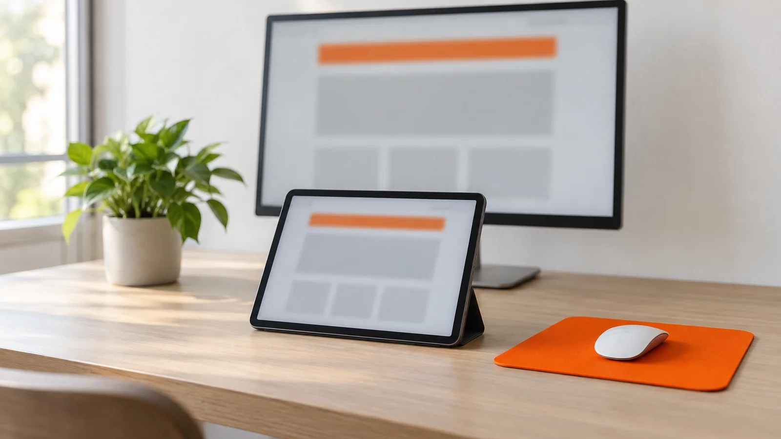 Escritorio de madera clara con un monitor y una tablet mostrando la misma página web en construcción, mouse sobre una alfombrilla naranja y una planta pequeña al lado