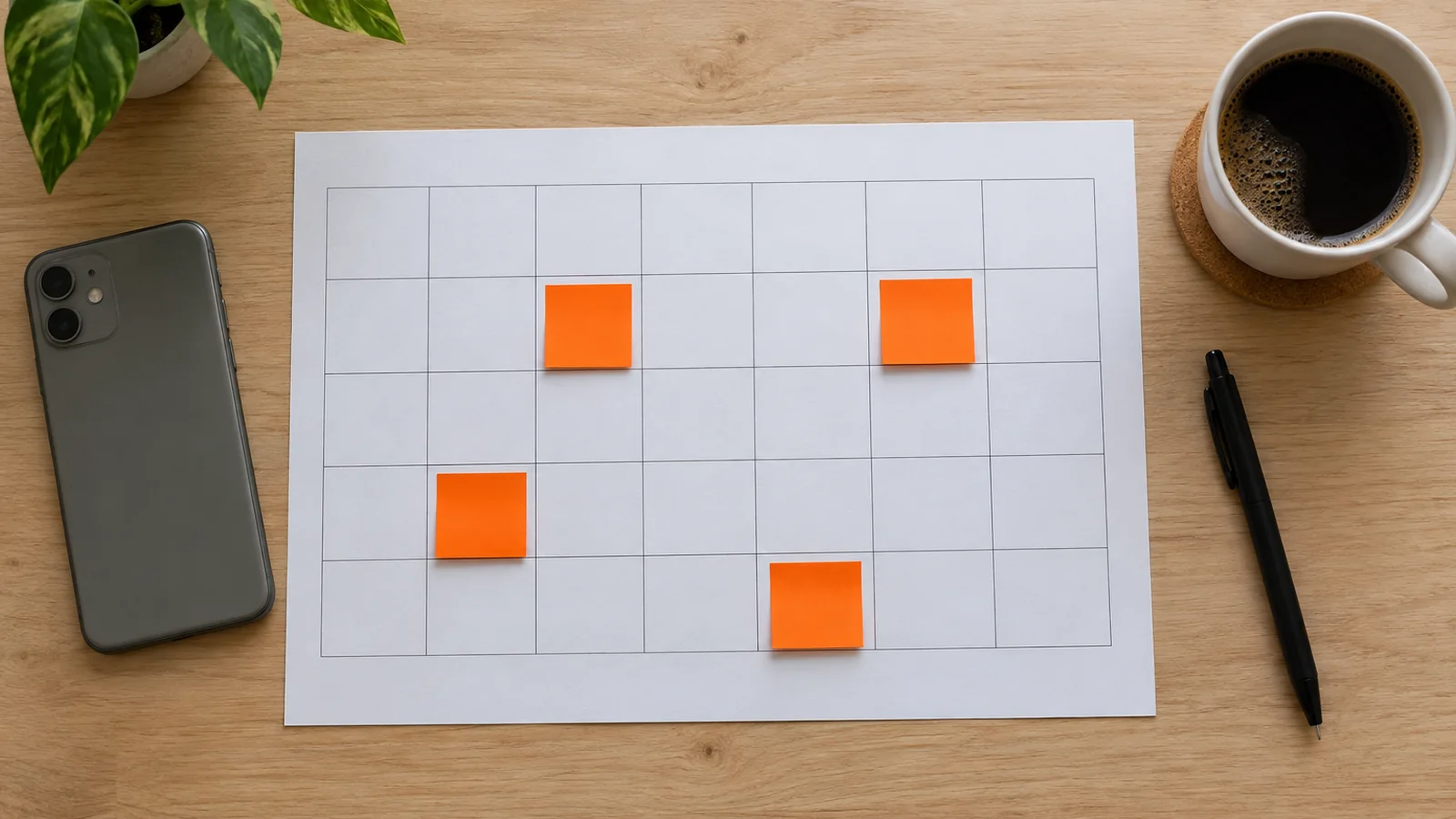 Vista cenital de un calendario mensual impreso con la cuadrícula vacía, cuatro notas adhesivas naranjas en distintos días, un teléfono boca abajo, un bolígrafo y una taza de café sobre madera clara