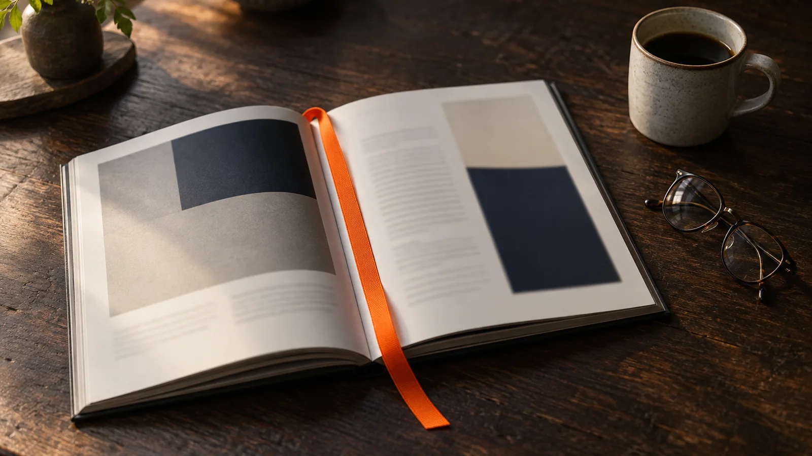 Manual de marca impreso abierto sobre una mesa de madera oscura, con bloques de color y texto desenfocado en las páginas, una cinta marcapáginas naranja, unas gafas y una taza de café al lado