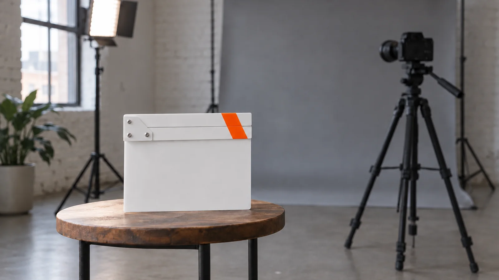 Set de grabación en un loft de ladrillo blanco, con fondo de papel gris, cámara en trípode, panel LED encendido y una claqueta blanca con cinta naranja sobre una mesa auxiliar
