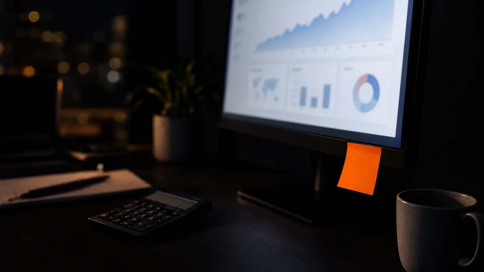 Escritorio de noche con un monitor que muestra un panel de gráficos desenfocado, una nota adhesiva naranja pegada al borde de la pantalla, una calculadora y una taza junto al teclado