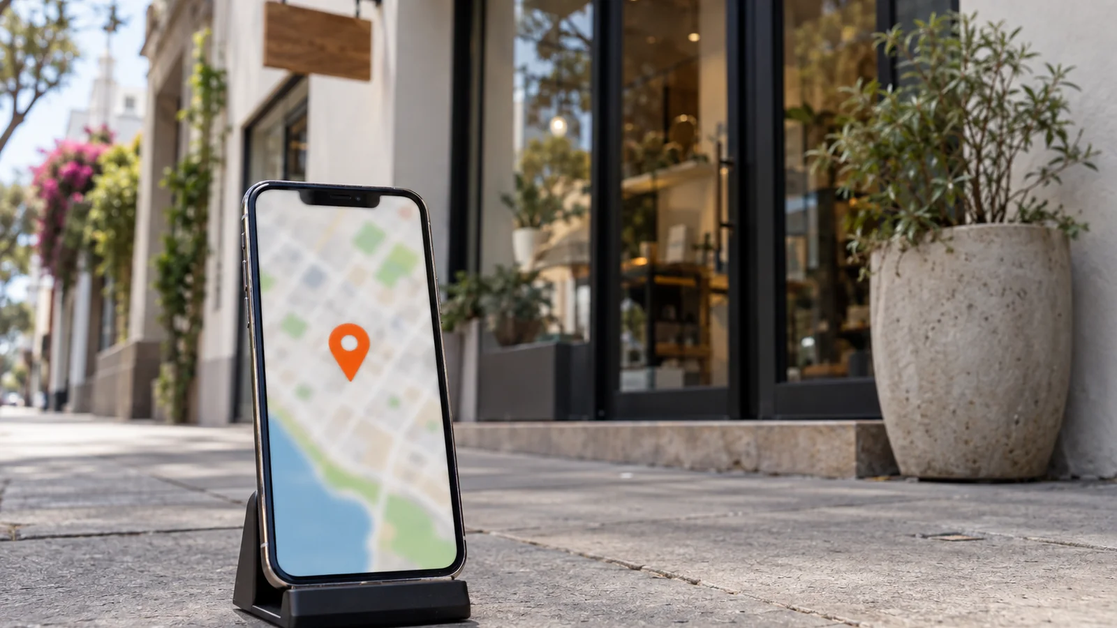 Teléfono en un soporte sobre la vereda de una calle comercial, con un mapa y un pin naranja en pantalla y vitrinas de tiendas al fondo