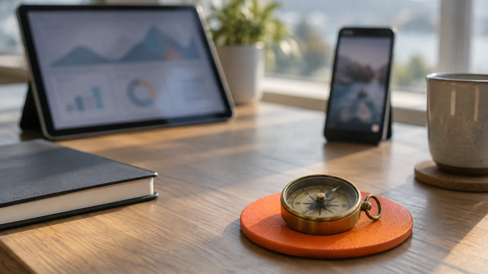 Mesa junto a un ventanal con una tablet mostrando un tablero desenfocado, un teléfono en vertical, una libreta y una brújula de latón sobre un posavasos naranja