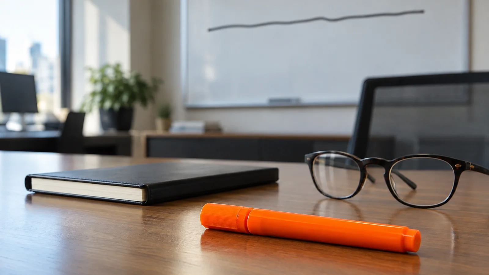 Oficina de gerencia con una pizarra al fondo donde se ve una línea de gráfico plana, y en primer plano un cuaderno cerrado, unas gafas, un marcador naranja y una tablet sobre la mesa