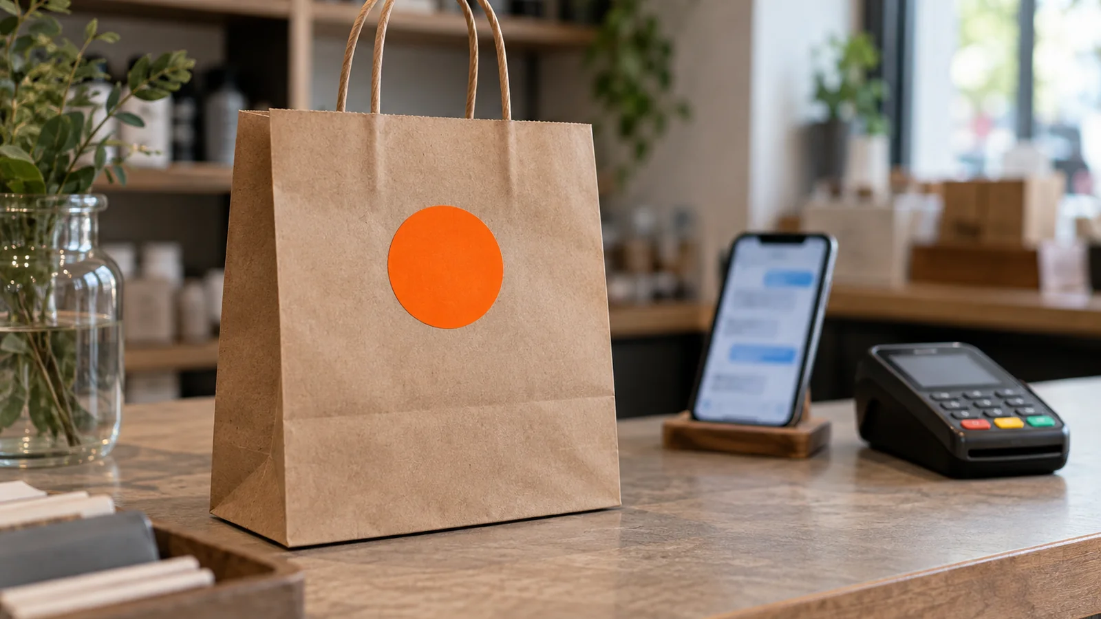 Mostrador de una tienda pequeña con una bolsa de papel kraft con sticker redondo naranja, un teléfono en soporte con una conversación de chat desenfocada y un lector de tarjetas, con estantes de frascos al fondo